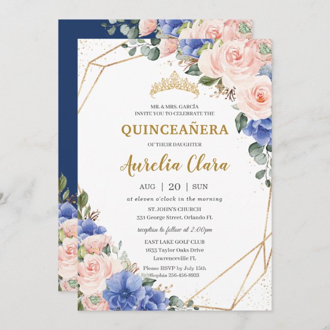 Invitation Quinceañera Royal Blue Blush Floral Gold Tiara (Devant / Derrière)