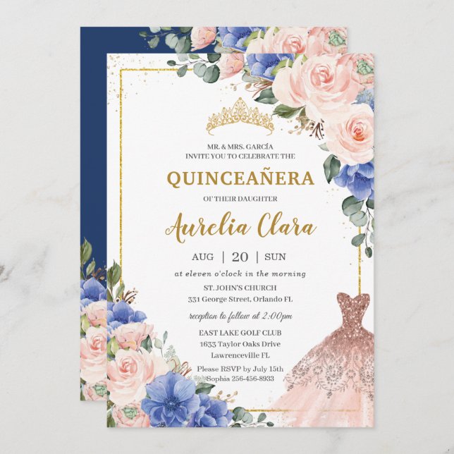 Invitation Quinceañera Royal Blue Blush Floral Robe Tiara (Devant / Derrière)