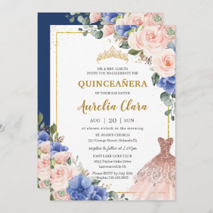Invitation Quinceañera Royal Blue Blush Floral Robe Tiara