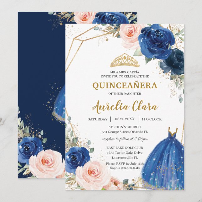 Invitation Quinceañera Royal Blue Blush Floral Rose Ball Gown (Devant / Derrière)