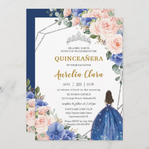 Invitation Quinceañera Royal Blue Blush Floral Silver Tiara