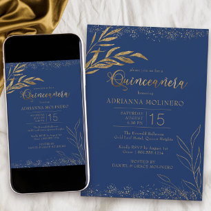 Invitation Quinceanera Royal Blue et Gold Leaf Élégant