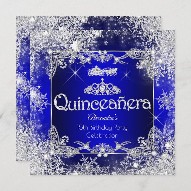 Invitation Quinceanera Royal Blue Fairytale Winter Wonderland (Devant / Derrière)