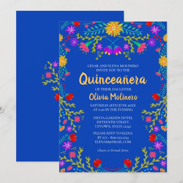 Invitation Quinceanera Royal Blue Fleurs mexicaines Anniversa (Devant / Derrière)