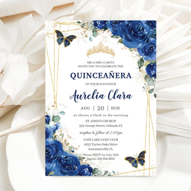 Invitation Quinceañera Royal Blue Floral Papillons Anniversai (Créateur téléchargé)