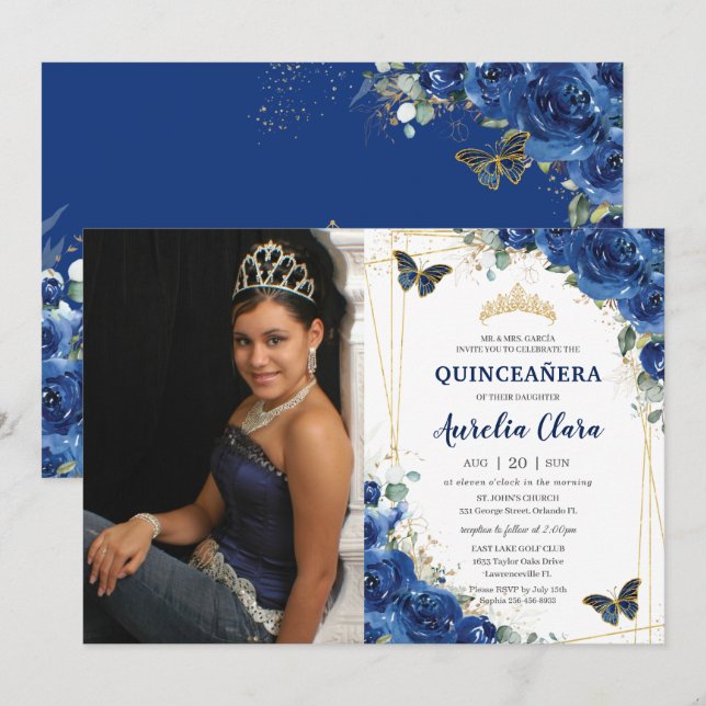 Invitation Quinceañera Royal Blue Floral Papillons Anniversai (Devant / Derrière)