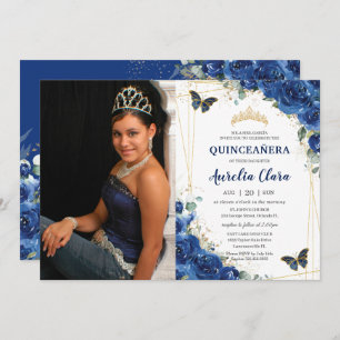 Invitation Quinceañera Royal Blue Floral Papillons Anniversai