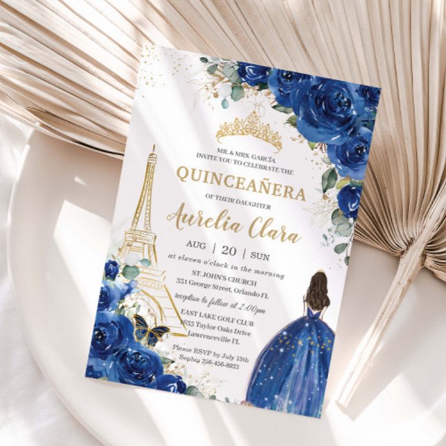 Invitation Quinceañera Royal Blue Floral Paris Eiffel Gold (Créateur téléchargé)