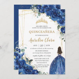 Invitation Quinceañera Royal Blue Floral Princess 15 Annivers