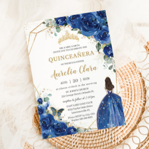 Invitation Quinceañera Royal Blue Floral Princess 15 Años