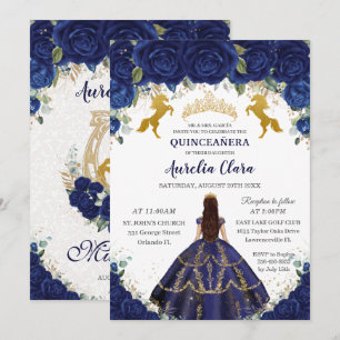 Invitation Quinceañera Royal Blue Floral Princess Gold Hors