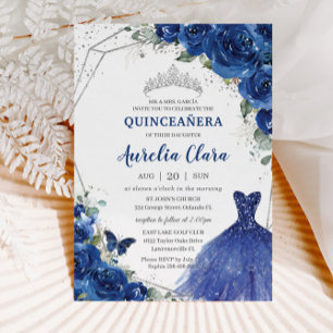 Invitation Quinceañera Royal Blue Floral Princesse Anniversai