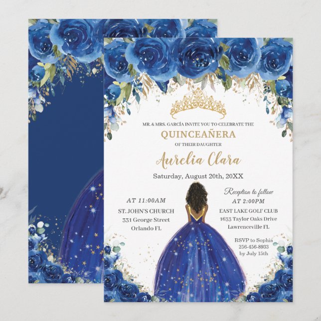 Invitation Quinceañera Royal Blue Floral Princesse Anniversai (Devant / Derrière)