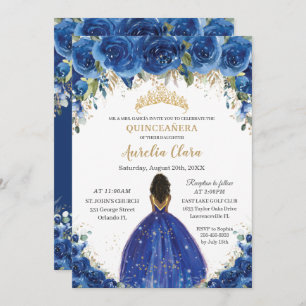 Invitation Quinceañera Royal Blue Floral Princesse Anniversai