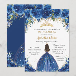 Invitation Quinceañera Royal Blue Floral Princesse Anniversai
