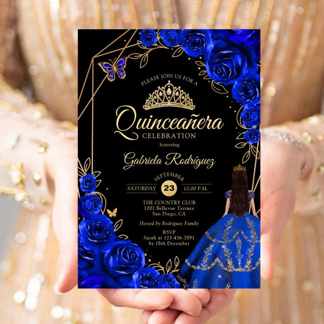 Invitation Quinceanera Royal Blue Gold Butterfly Dress Floral (Créateur téléchargé)