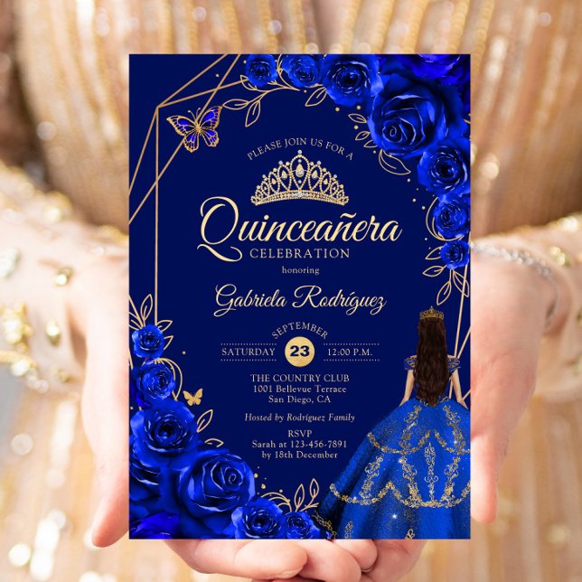 Invitation Quinceanera Royal Blue Gold Dress Floral (Créateur téléchargé)