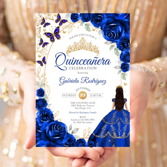 Invitation Quinceanera Royal Blue Gold Floral (Créateur téléchargé)