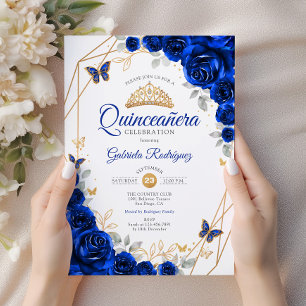 Invitation Quinceanera Royal Blue Gold Floral