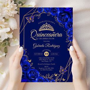 Invitation Quinceanera Royal Blue Gold Floral
