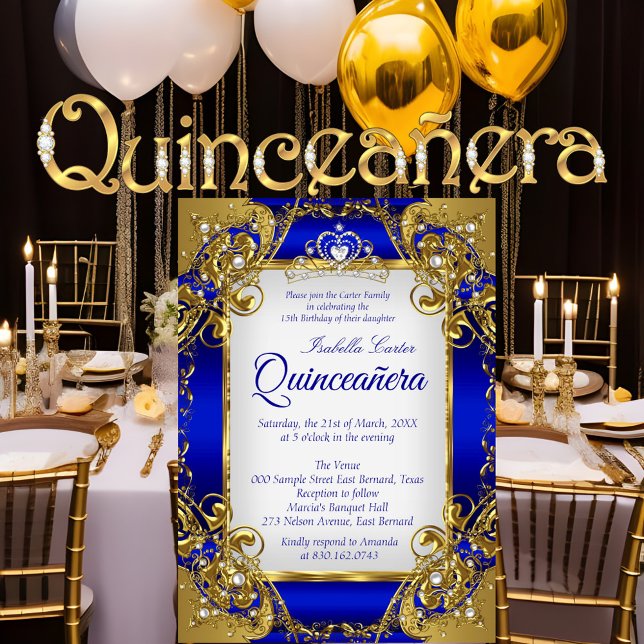 Invitation Quinceanera Royal Blue Golden Pearl Tiara Party (Créateur téléchargé)