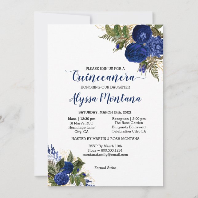 Invitation Quinceanera Royal Blue Roses Messe & Réception (Devant)