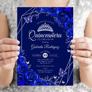 Invitation Quinceanera Royal Blue Silver Floral