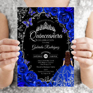 Invitation Quinceanera Royal Blue Silver Floral