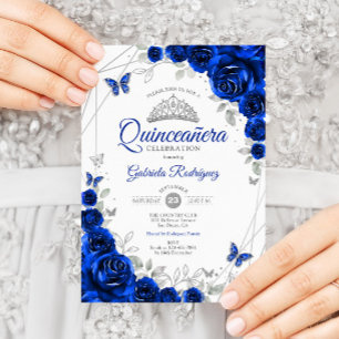 Invitation Quinceanera Royal Blue Silver Floral