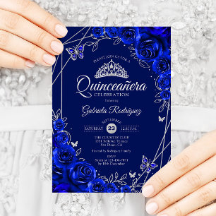 Invitation Quinceanera Royal Blue Silver Floral