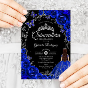 Invitation Quinceanera Royal Blue Silver Floral