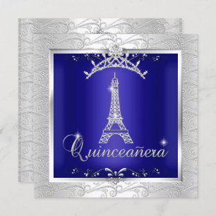 Invitation Quinceanera Royal Blue Silver Tour Tiara Eiffel