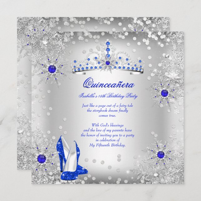Invitation Quinceanera Royal Blue Silver Winter Wonderland (Devant / Derrière)