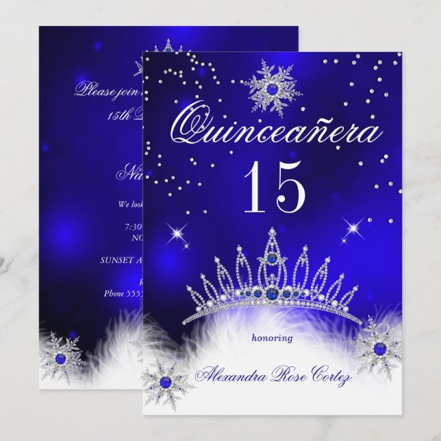 Invitation Quinceanera Royal Blue Snowflake 15e anniversaire (Devant / Derrière)