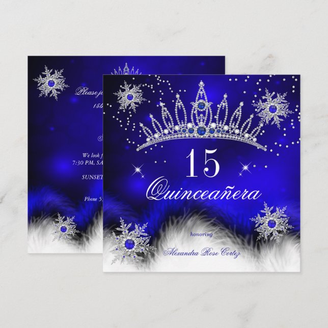 Invitation Quinceanera Royal Blue Snowflake 15e anniversaire (Devant / Derrière)