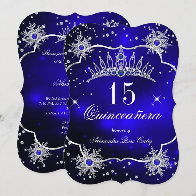 Invitation Quinceanera Royal Blue Snowflake Tiara 15ème Parti (Devant / Derrière)