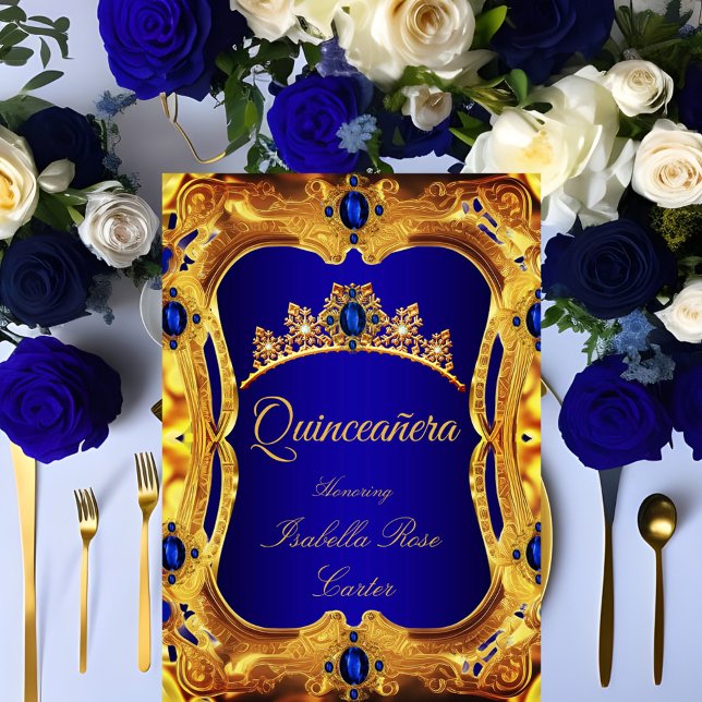 Invitation Quinceanera Royal Blue Ultra Gold Tiara Party (Créateur téléchargé)