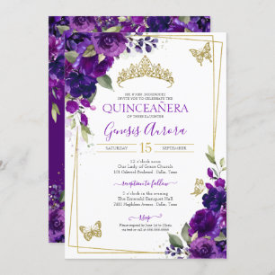 Invitation Quinceañera Royal Purple Floral Papillon