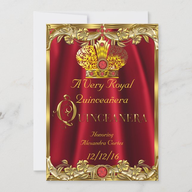 Invitation Quinceanera Royal Red Gem Gold Princesse Crown (Devant)
