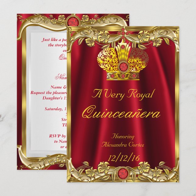 Invitation Quinceanera Royal Red Gem Gold Princesse Crown 2 (Devant / Derrière)