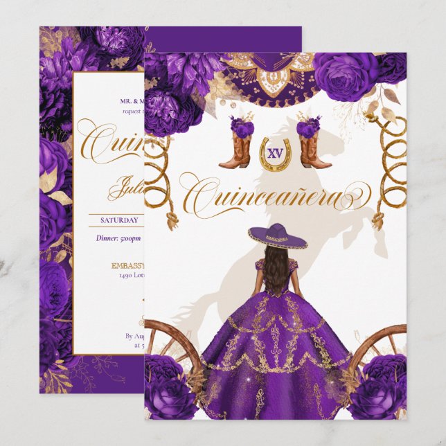 Invitation Quinceanera Royale Violet Ouest Charro 2 Côtés Dan (Devant / Derrière)