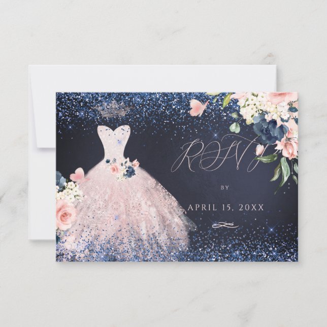 Invitation Quinceanera RSVP Butterfly Blush Gown Navy (Devant)