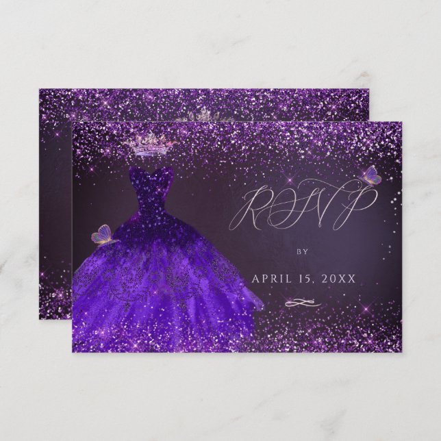 Invitation Quinceanera RSVP Butterfly Ultra Violet Gown (Devant / Derrière)