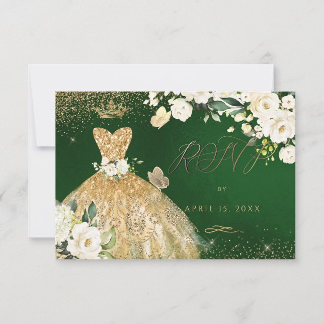 Invitation Quinceanera RSVP Emerald Green Gold Parties scinti (Devant)