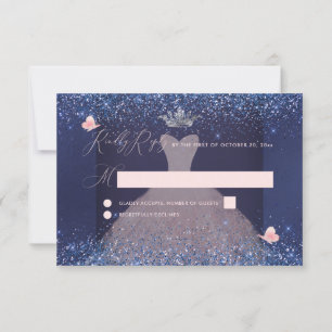 Invitation Quinceanera RSVP papillon rose poudré robe marine