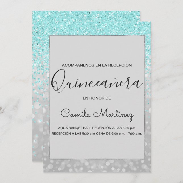 Invitation Quinceanera RSVP Turquoise Blue Girly Parties scin (Devant / Derrière)