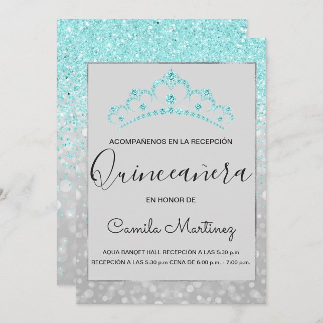 Invitation Quinceanera RSVP Turquoise Blue Girly Parties scin (Devant / Derrière)