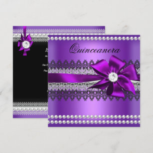 Invitation Quinceanera Ruban Violet Perle Noire Dentelle Diam