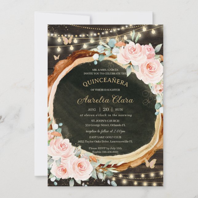 Invitation Quinceañera Rustic Blush Floral Enchanted Forest (Devant)