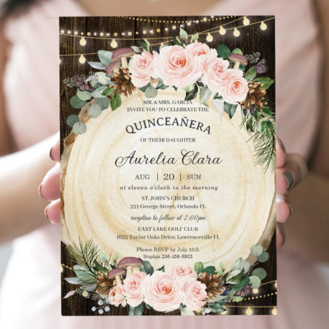 Invitation Quinceañera Rustic Blush Floral Enchanted Forest (Créateur téléchargé)